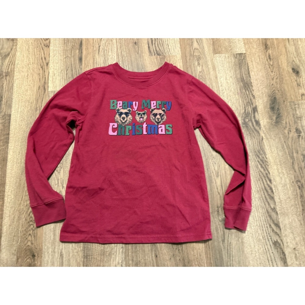 Outdoor Kids Shirt Youth Medium Red Green Pink Blue "Beary Merry Christmas"